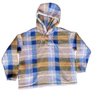 Wrangler Retro Sherpa Jacket Women Large Button Hooded Pullover Plaid Pockets